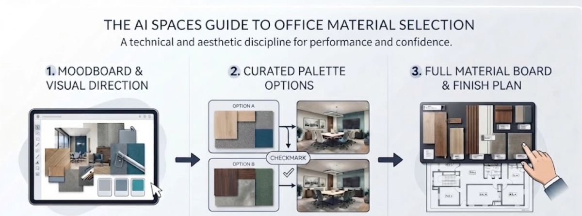 Infographic explaining the commercial interior design services process, from moodboards and curated material palettes to finish plans and office material selection.